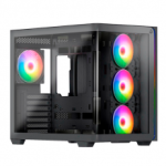 Gabinete Munfrost Hirow / Cristal Full Curve Templado / ATX-Micro ATX-Mini ITX / 4 Ventiladores ARGB Incluidos / Negro